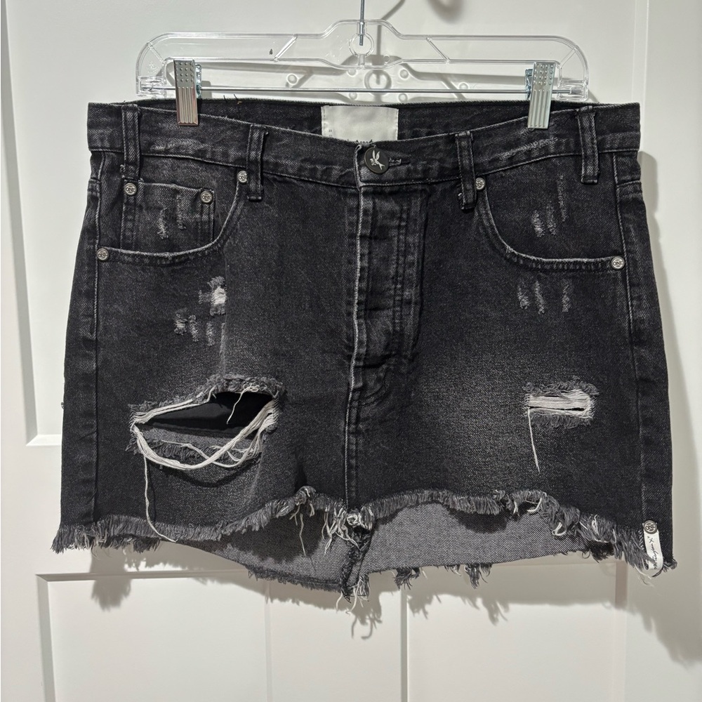 One Teaspoon Distressed Black Denim Mini Skirt
